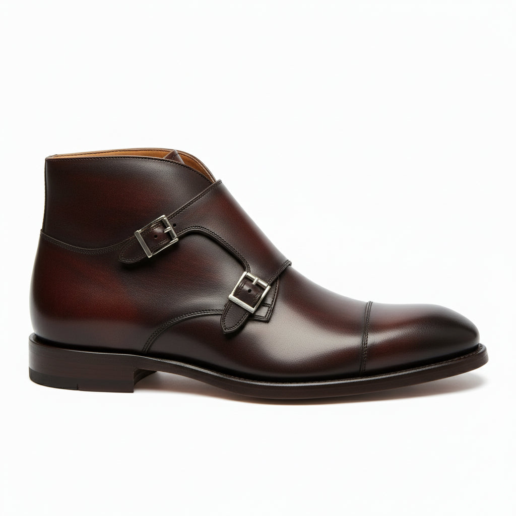 side-view - Men's Handmade Brown Leather Double Monk Strap Boots