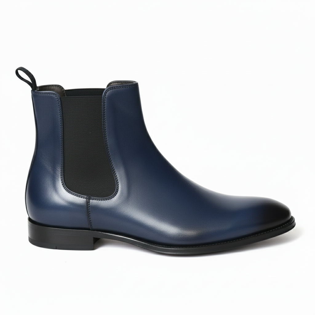Men's Navy Blue Leather Ankle Chelsea Boots - side-view
