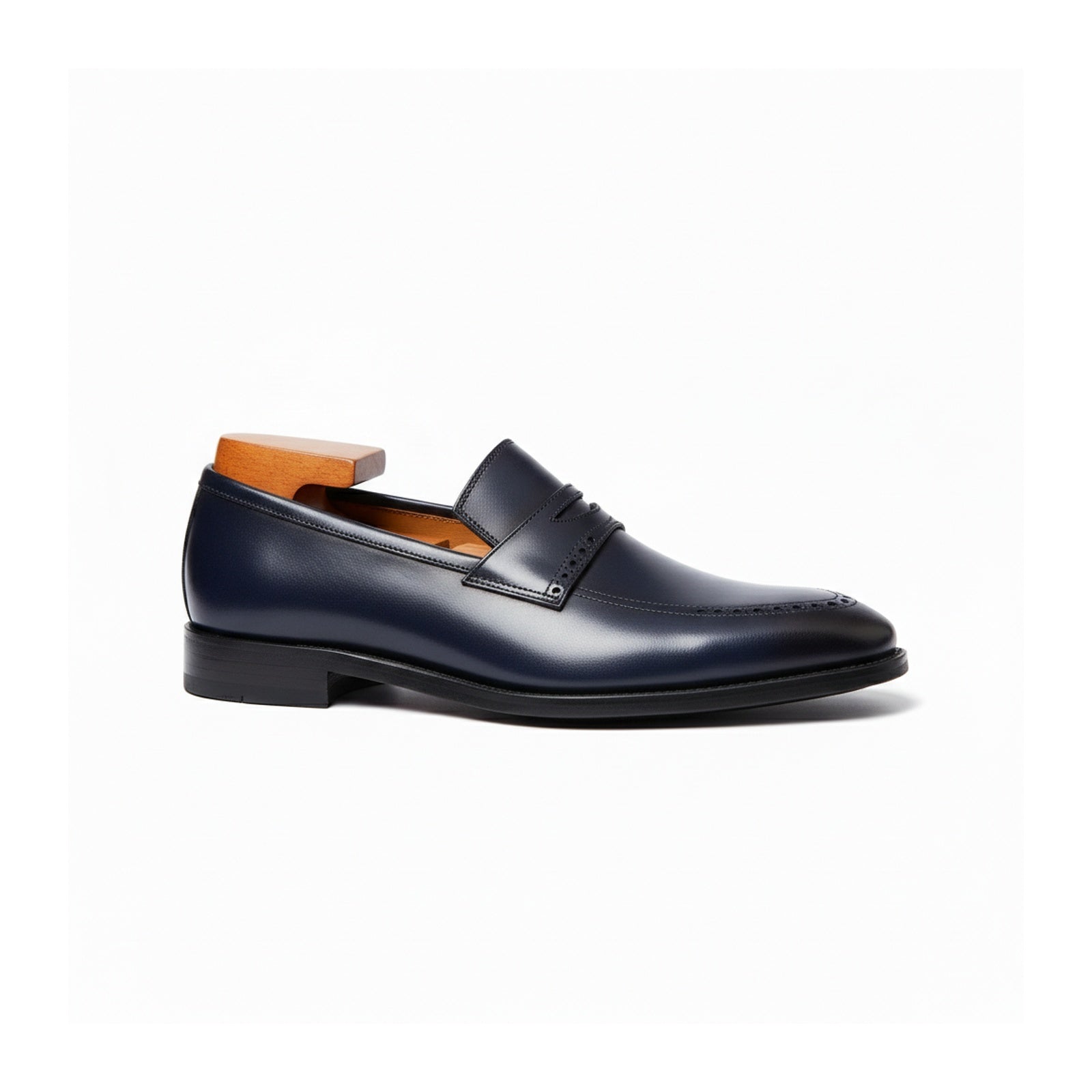 side-view - Men's Navy Blue Leather Moccasins
