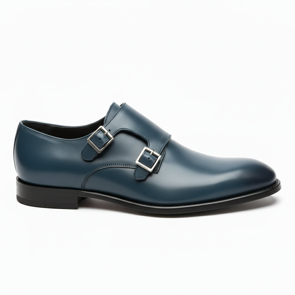 Men's Navy Blue Leather Monk Dress Shoes - side-view
