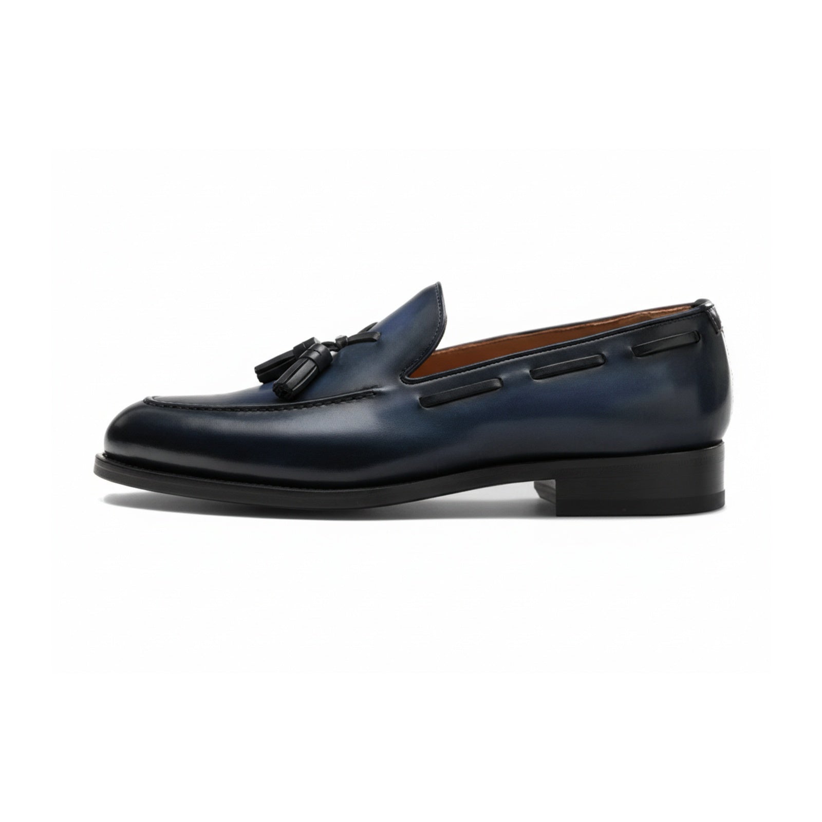 side-view - Men's Navy Blue Leather Tassel Loafers