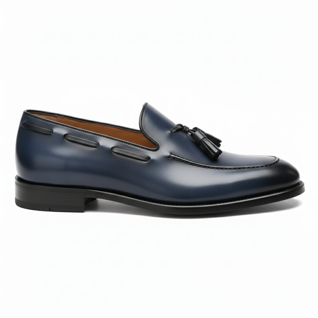 Men's Navy Blue Tassel Moccasins Leather Dress Shoes - side-view