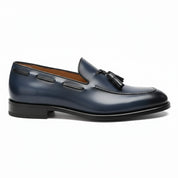 Men's Navy Blue Tassel Moccasins Leather Dress Shoes - side-view