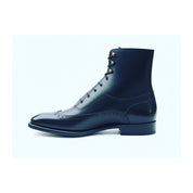 Men's Navy Blue Wingtip Brogue Leather Boots - side-view