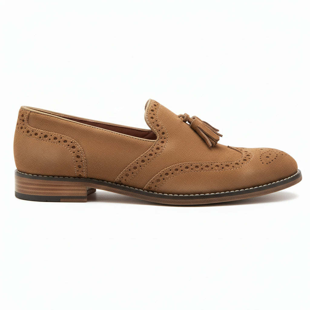 side-view - Men's Suede Cow Leather Brogue Slip-on Shoes