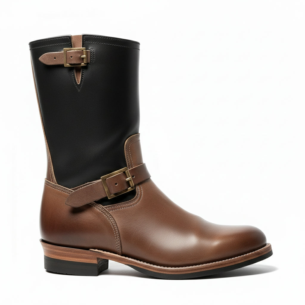side-view - Men's Tan & Black Two-Tone Leather Biker Boots