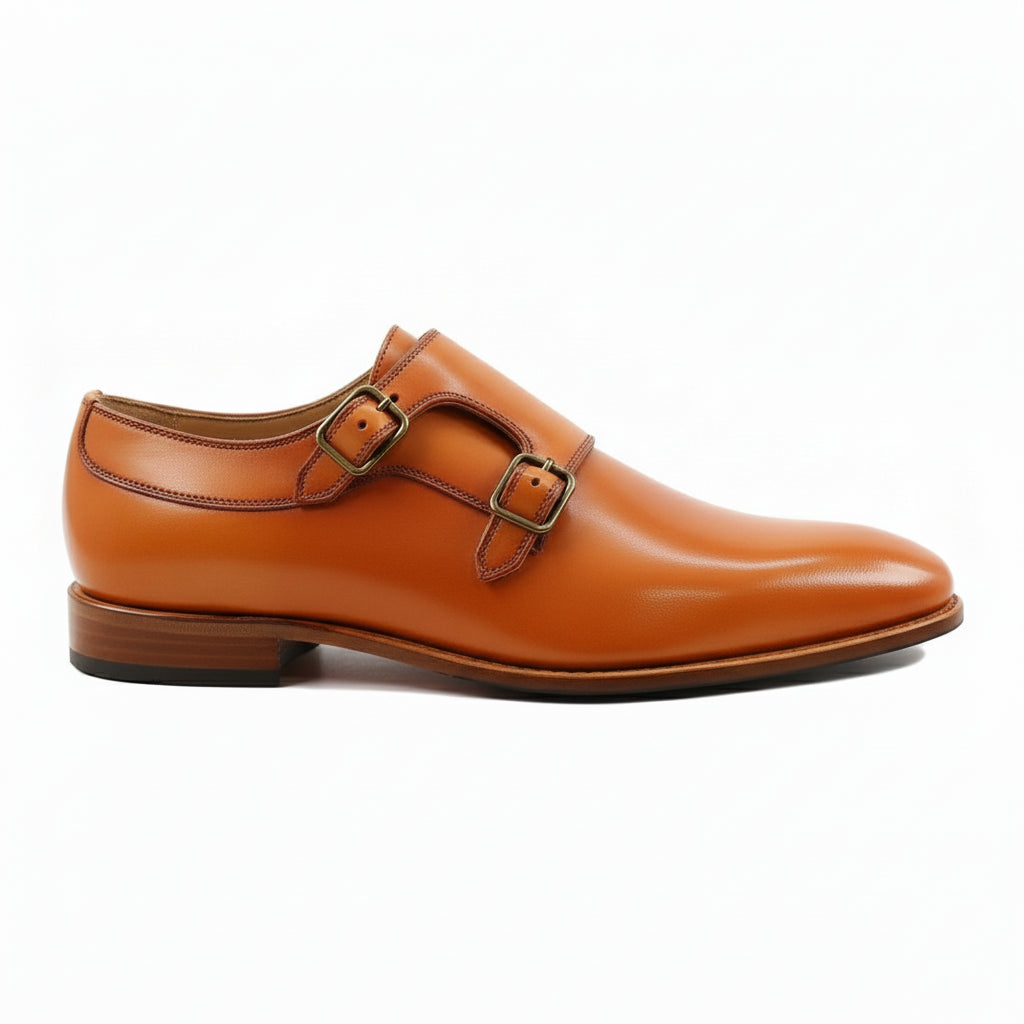 side-view - Men's Tan Double Monk Leather Dress Shoes