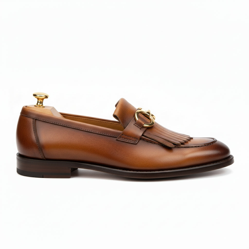 Men's Tan Leather Fringe Buckle Moccasins - side-view