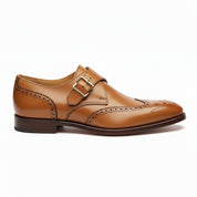 Men's Tan Wing Tip Brogue Monk Leather Shoes - side-view