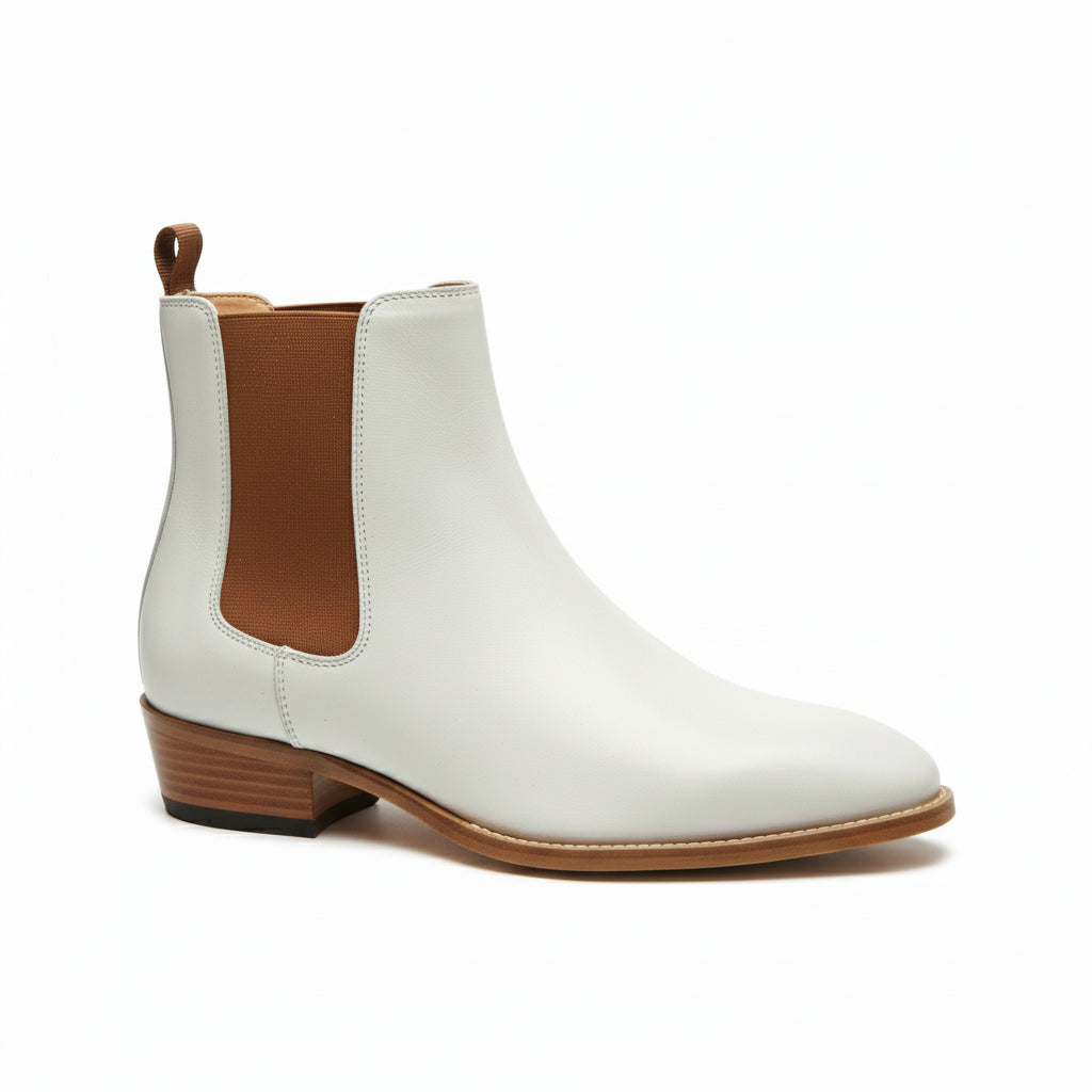 Men's White Chelsea Leather Boots - side-view