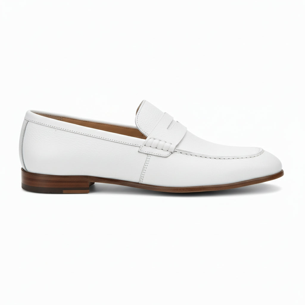side-view - Men's White Leather Moccasin Loafers