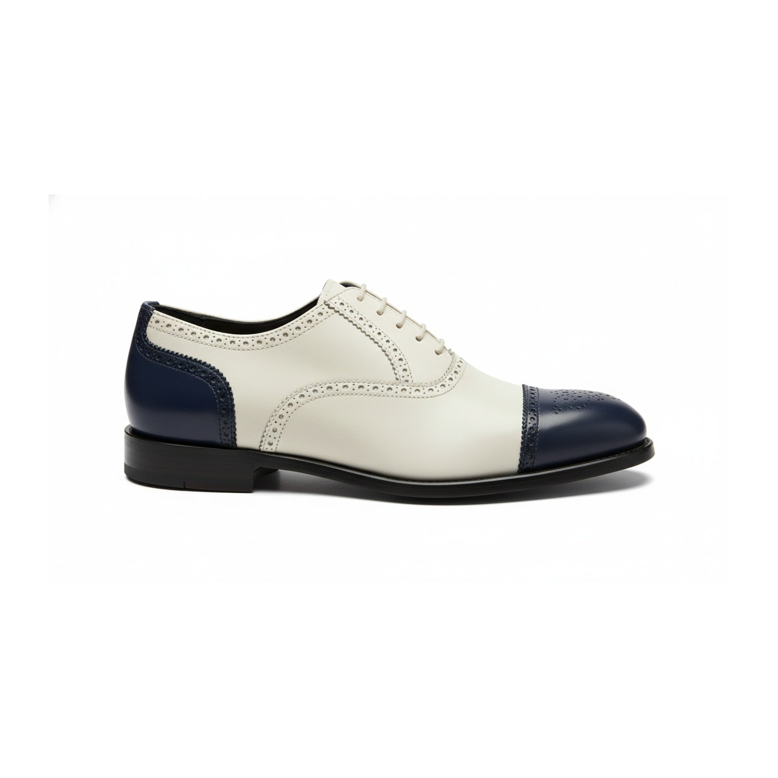 side-view - Men's White & Navy Blue Leather Oxford Brogue Shoes