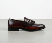 side-view - Handmade Men Burgundy Leather Fringe Dress Shoes, Men Leather Penny Loafer
