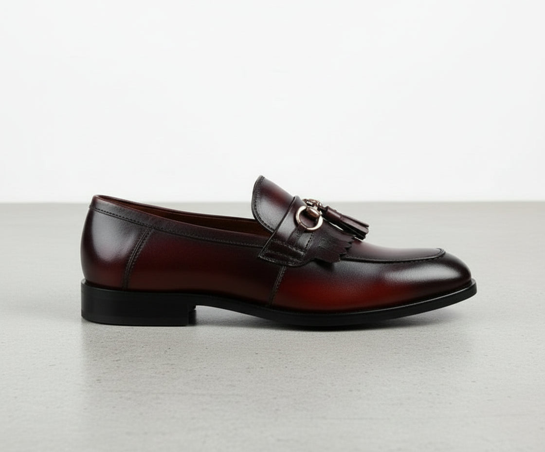 side-view - Handmade Men Burgundy Leather Fringe Dress Shoes, Men Leather Penny Loafer