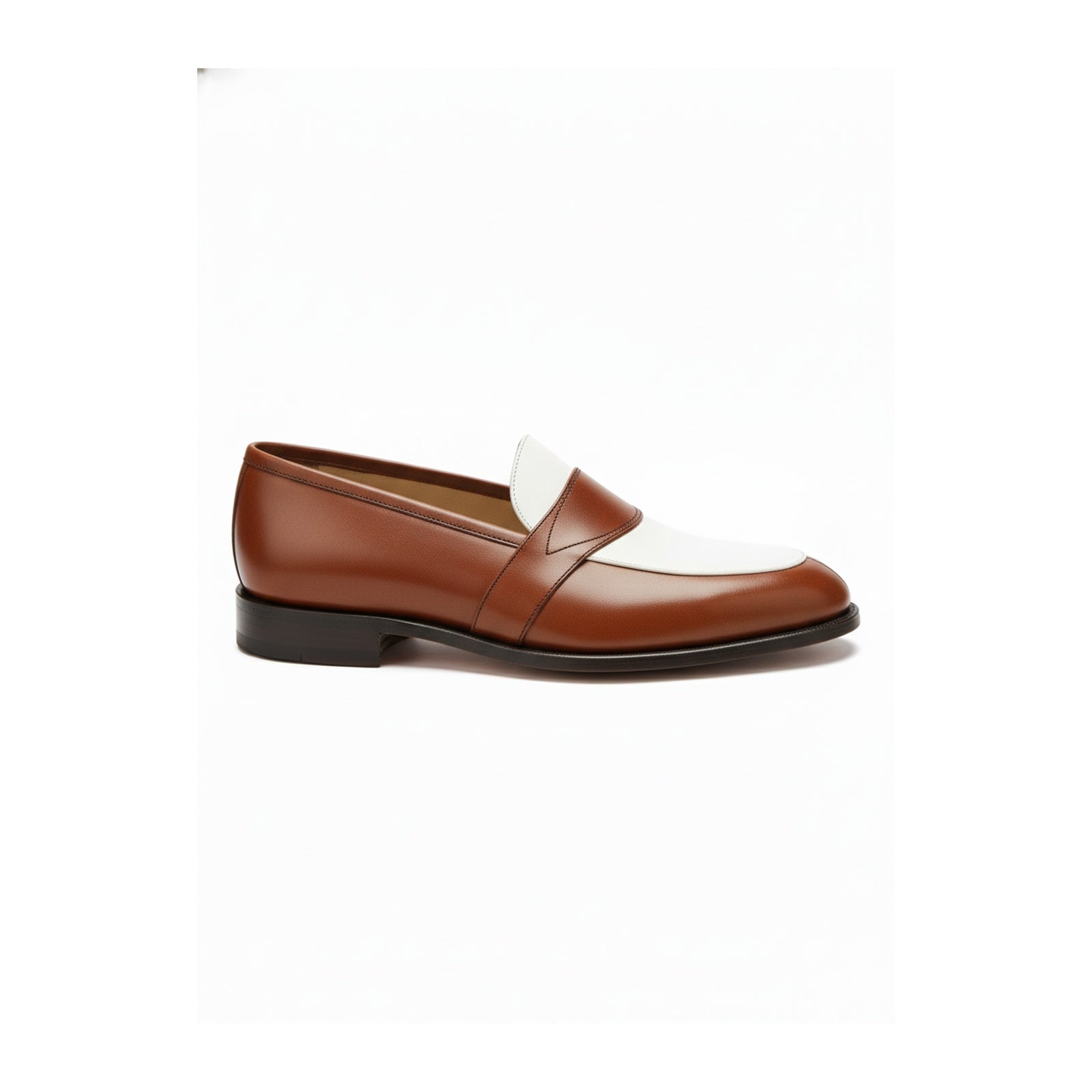 Two-Tone Leather Loafer Moccasins in Brown and White - side-view