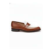 Two-Tone Leather Loafer Moccasins in Brown and White - side-view