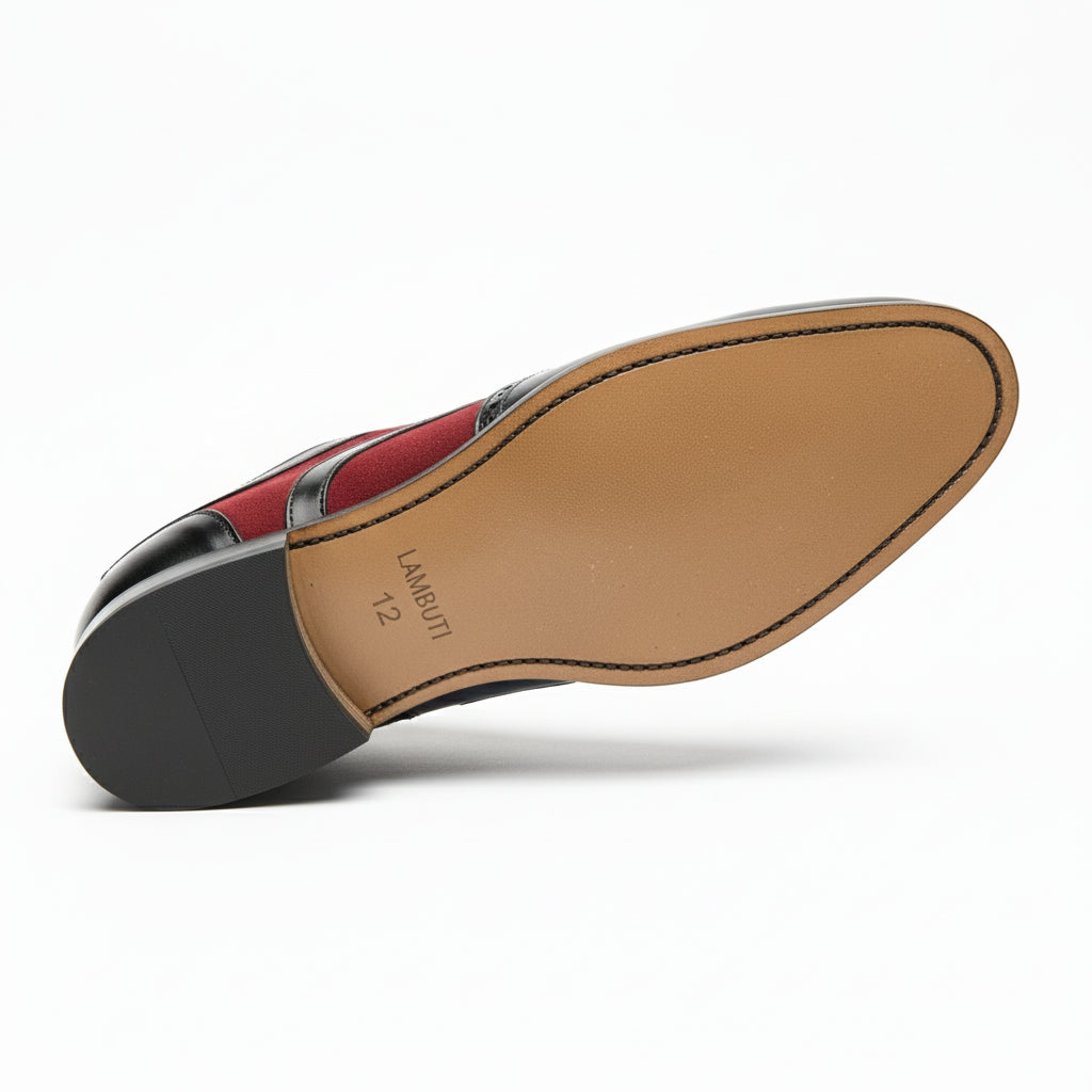 Handmade Mens Oxford Wing Tip Suede and Calf Leather Black and Red - sole-view