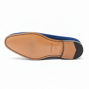 Handmade Mens Royal Blue Tassels Loafer Velvet Shoes, Men Blue Velvet Shoes - sole-view