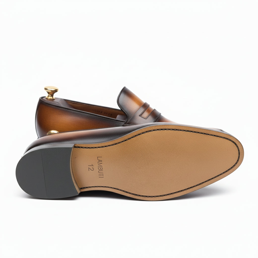 Men's Almond Toe Moccasin Dress Shoes in Tan and Black Leather - sole-view