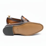 Men's Almond Toe Moccasin Dress Shoes in Tan and Black Leather - sole-view