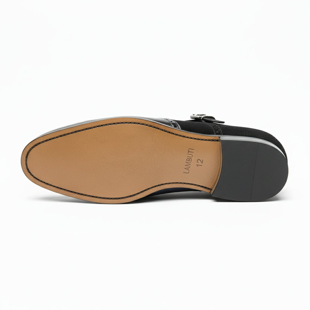 Men's Black Double-Buckle Monk Strap Leather and Suede Shoes - sole-view