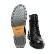 sole-view - Men's Black Leather Combat Boots with Lace-Up Design