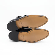 sole-view - Men's Black Leather Double-Buckle Monk Shoes with Crocodile Pattern