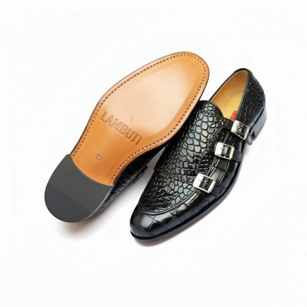 sole-view - Men's Black Leather Double Monk Moccasin Shoes