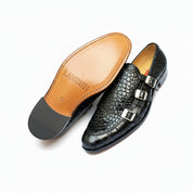 sole-view - Men's Black Leather Double Monk Moccasin Shoes