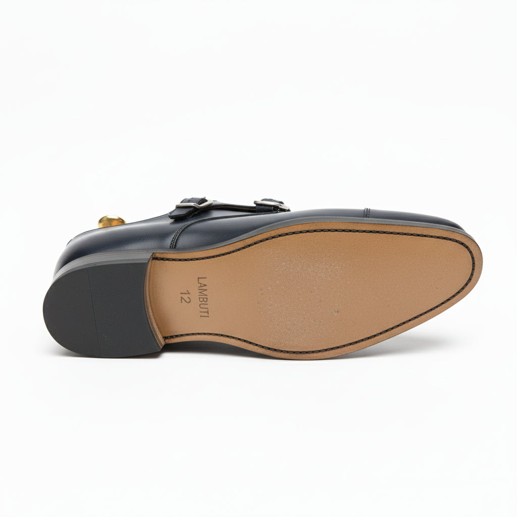 sole-view - Men's Black Leather Double Monk Shoes
