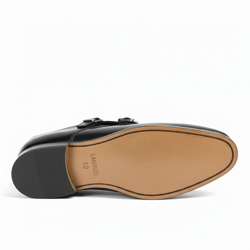sole-view - Men's Black Leather Double Monk Strap Dress Shoes