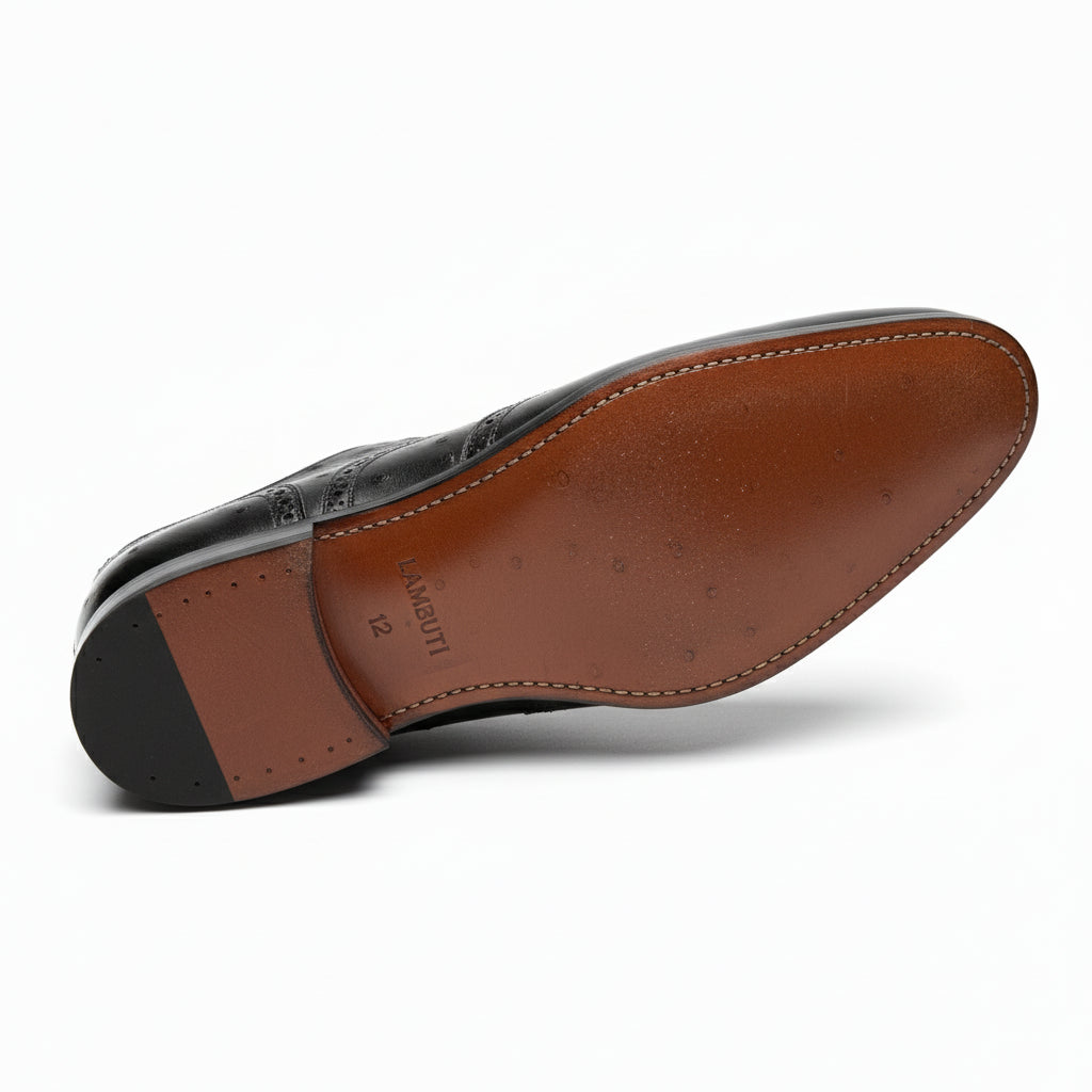 sole-view - Men's Black Ostrich Leather Wingtip Shoes