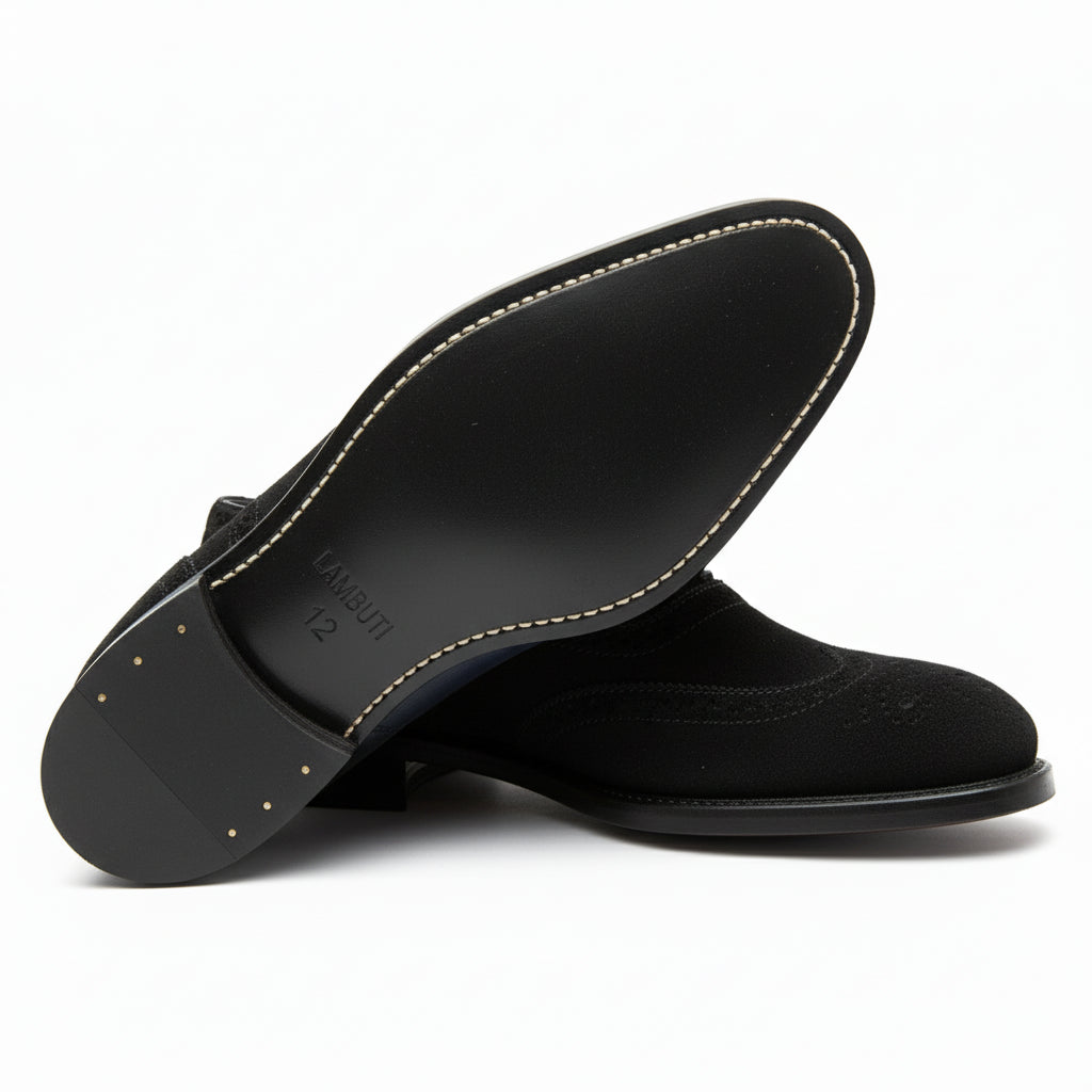 sole-view - Men's Black Suede Wingtip Brogue Dress Shoes