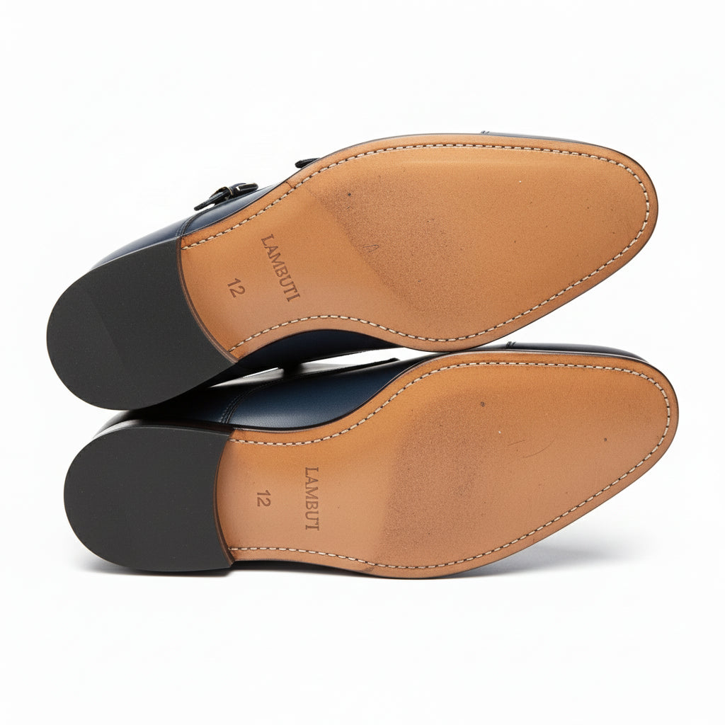 sole-view - Men's Blue Leather Double Buckle Dress Shoes