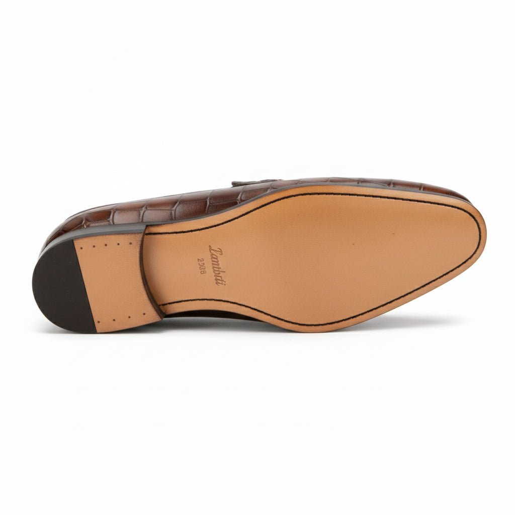 sole-view - Men's Brown Crocodile Leather Moccasin Dress Shoes