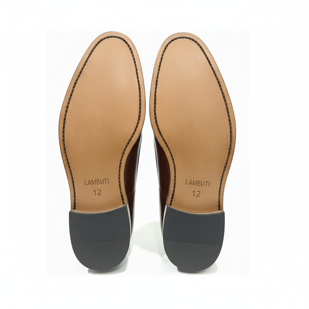 sole-view - Men's Brown Leather Double Buckle Penny Loafers