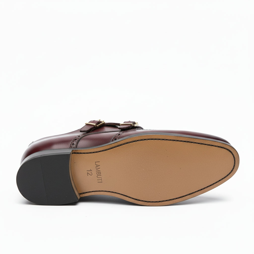 sole-view - Men's Burgundy Leather Double Monk Strap Shoes