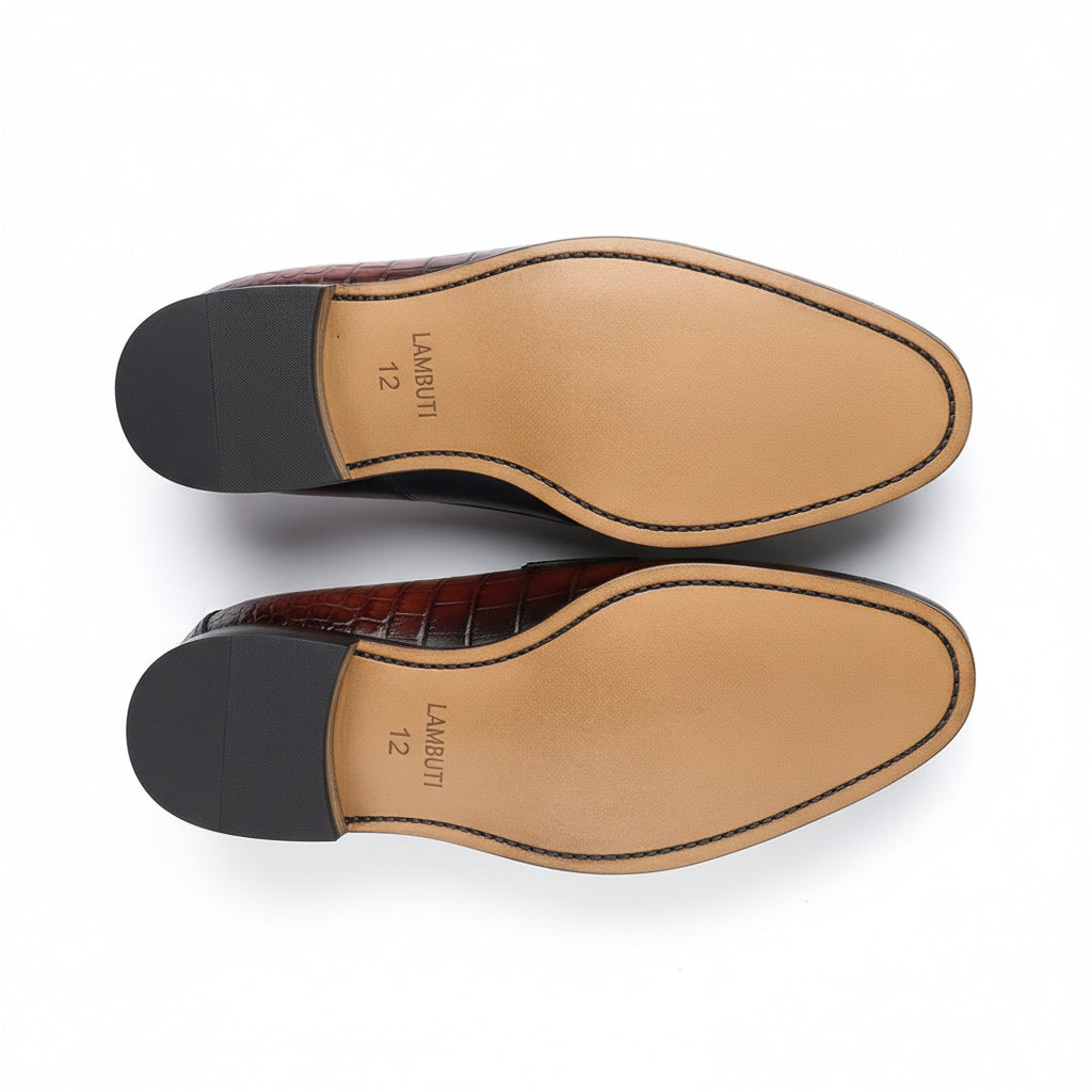 Men's Burgundy Leather Loafer Moccasins | Alligator Embossed Print - sole-view
