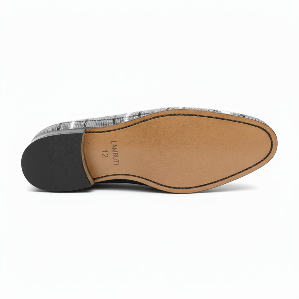 sole-view - Men's Gray Tweed Fabric Loafers with Tassel Detail