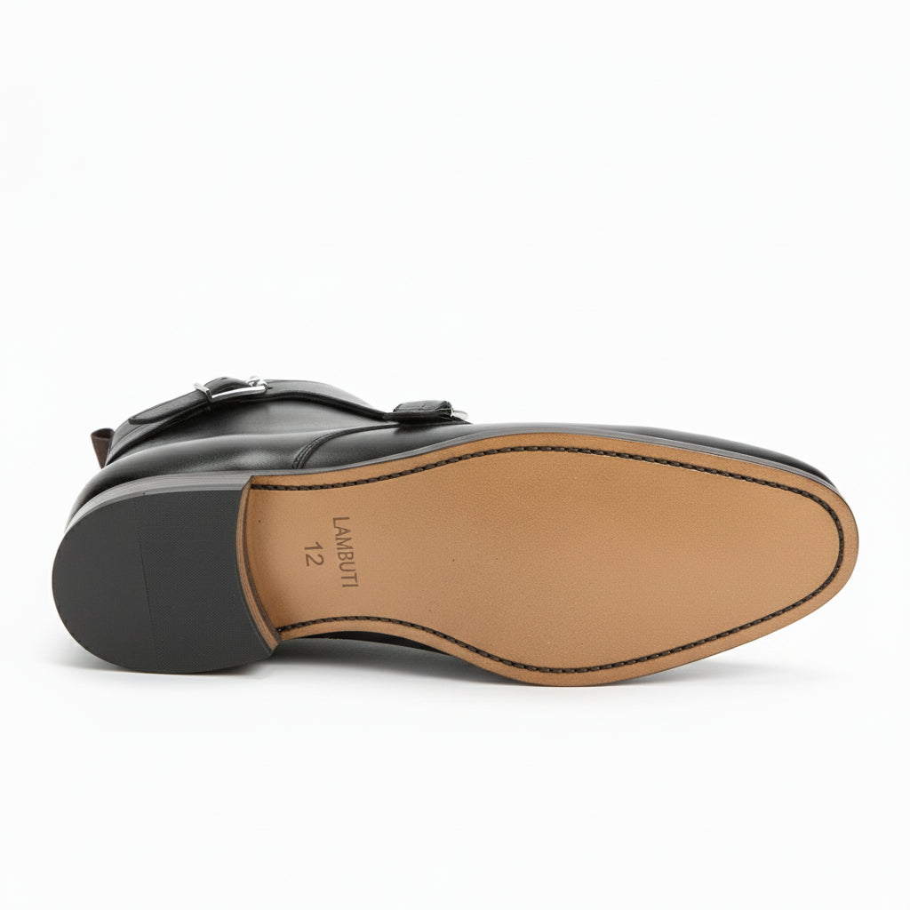 sole-view - Men's Handmade Black Leather Double Monk Boots with Artisan Features