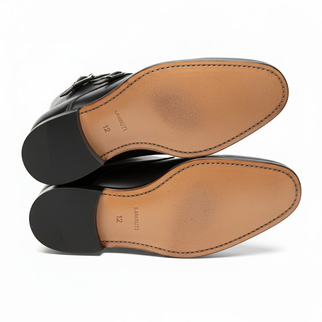 sole-view - Men's Handmade Black Leather Double Monk Boots with Premium Craftsmanship