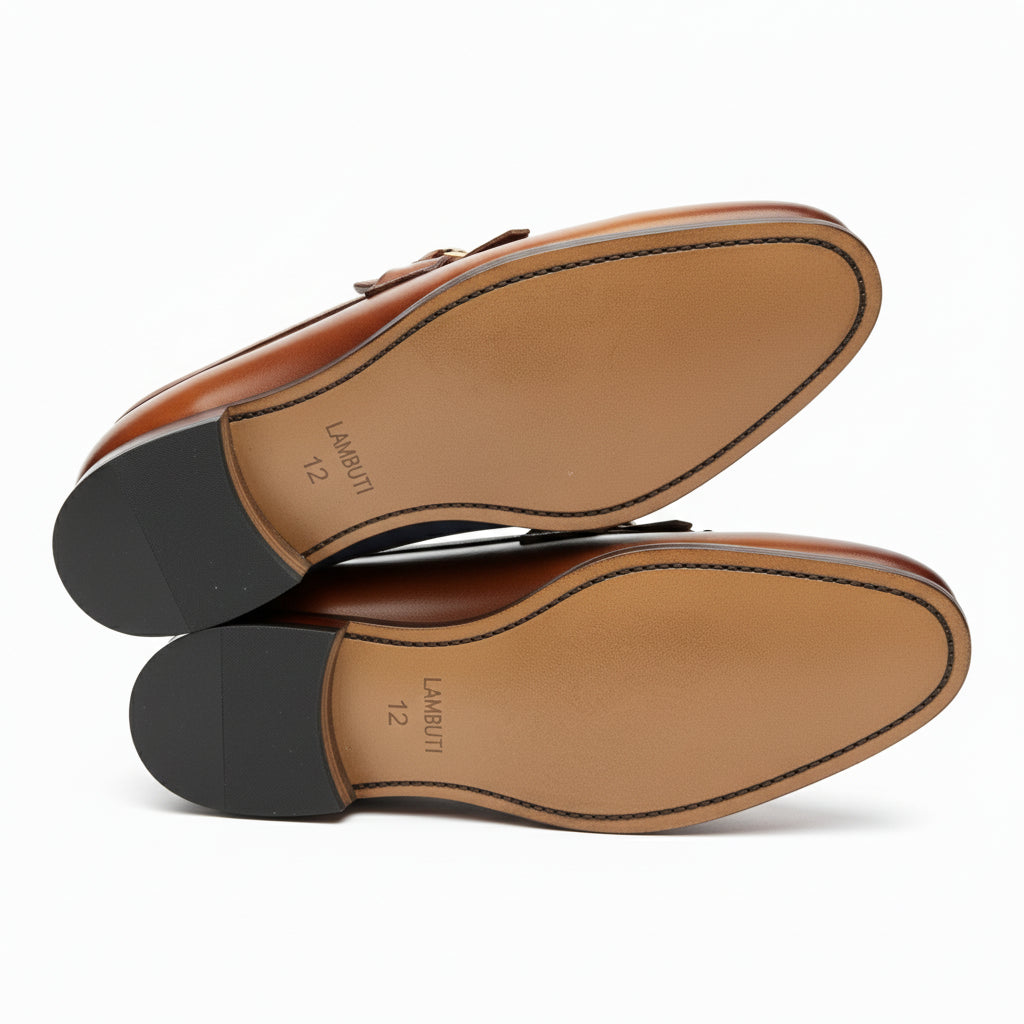 sole-view - Men's Tan Brown Leather Moccasins Loafers with Tassel Accent
