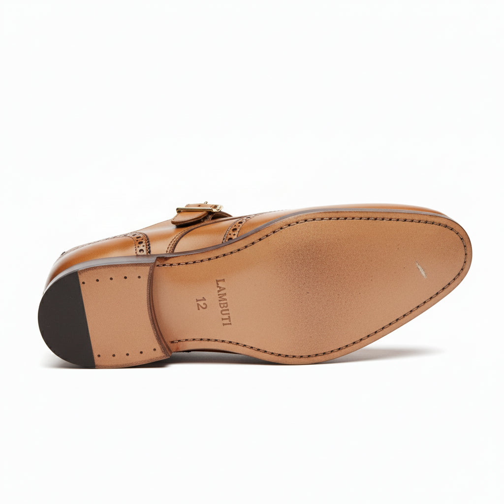 Men's Tan Wing Tip Brogue Monk Leather Shoes - sole-view