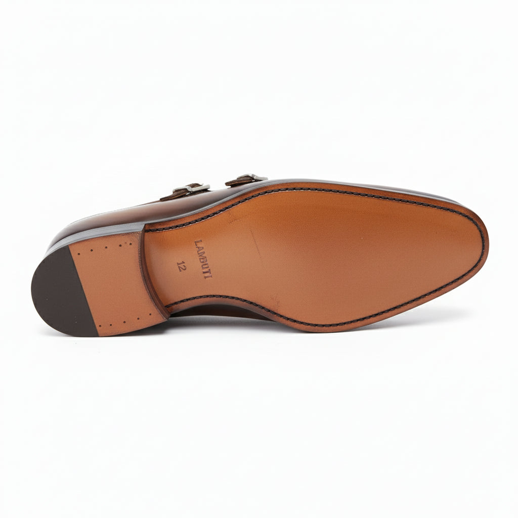 Men's Two Tone Double Monk Leather Shoes - sole-view