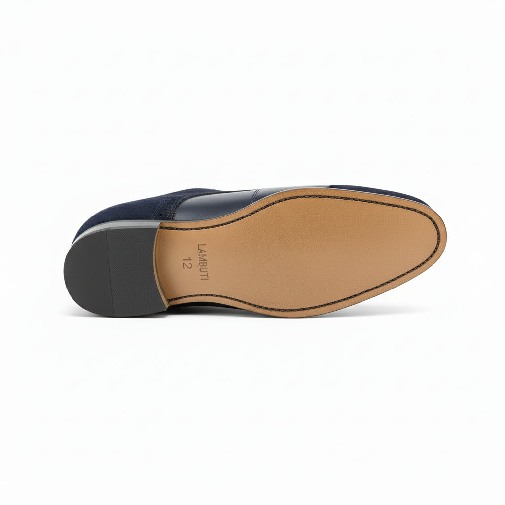 Men's Two-tone Wingtip Leather Dress Shoes in Black and Blue Suede - sole-view