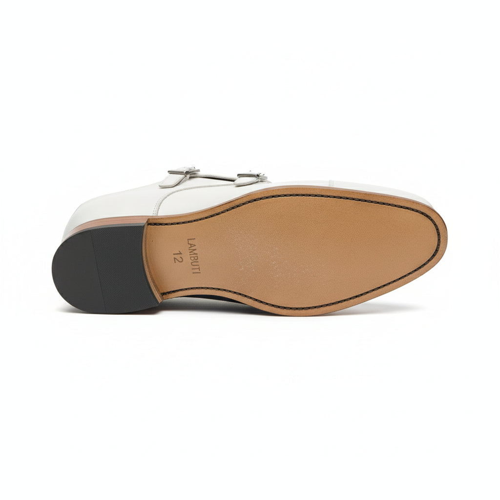 sole-view - Men's White Leather Double Monk Dress Shoes