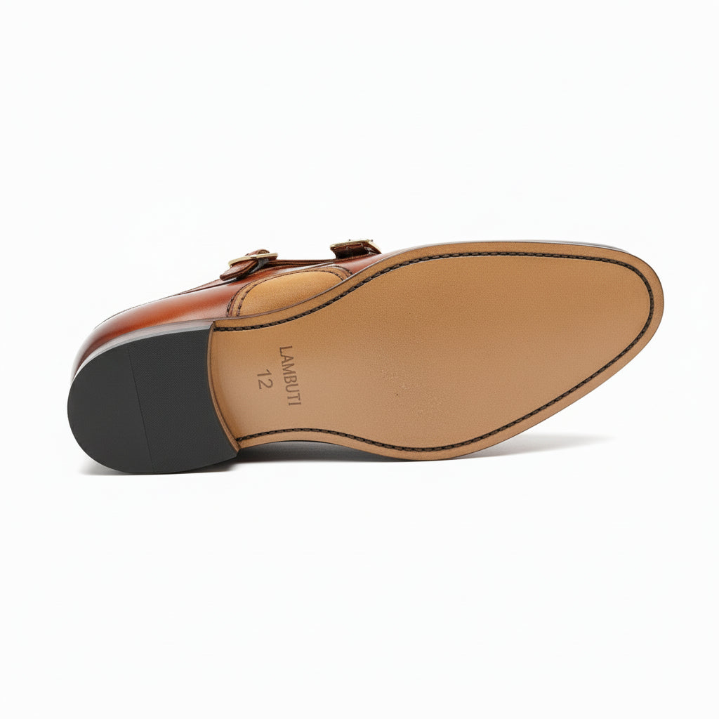 Tan Brown Monk Strap Leather Shoes with Buckle Closure - sole-view