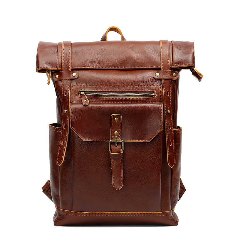 Stylish Leather Backpack with Roll-Top Design