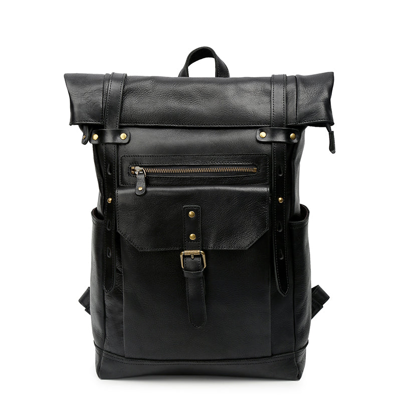 Stylish Leather Backpack with Roll-Top Design