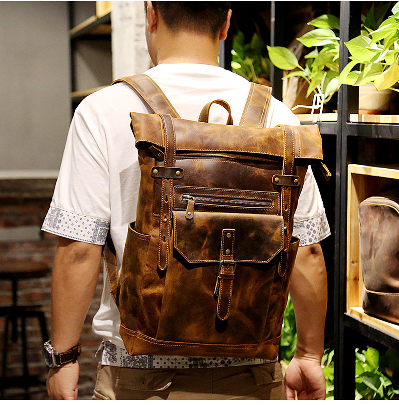 Stylish Leather Backpack with Roll-Top Design